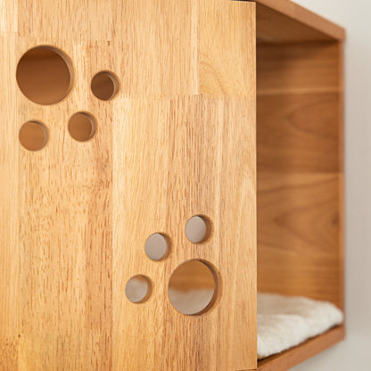 Large Corner Cat Wall House for Indoor Cats, Space-Saving Wall Mounted Rubberwood Bed & Hideaway with Round Entrances, for Bedrooms & Apartments