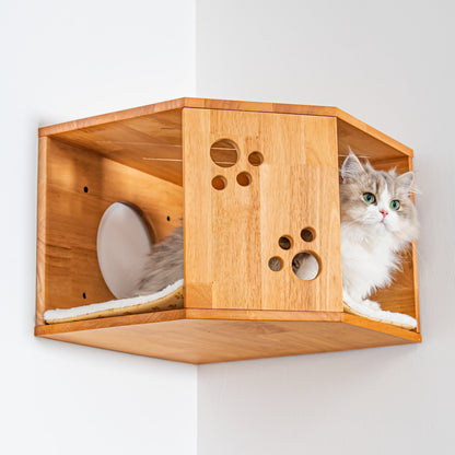 Large Corner Cat Wall House for Indoor Cats, Space-Saving Wall Mounted Rubberwood Bed & Hideaway with Round Entrances, for Bedrooms & Apartments