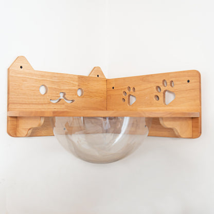 Corner Cat Wall Bubble Perch for Indoor Cats, Clear Lookout Bowl with Rubberwood Frame & Guard Rails, Space-Saving Wall Shelf Bed for Small Rooms