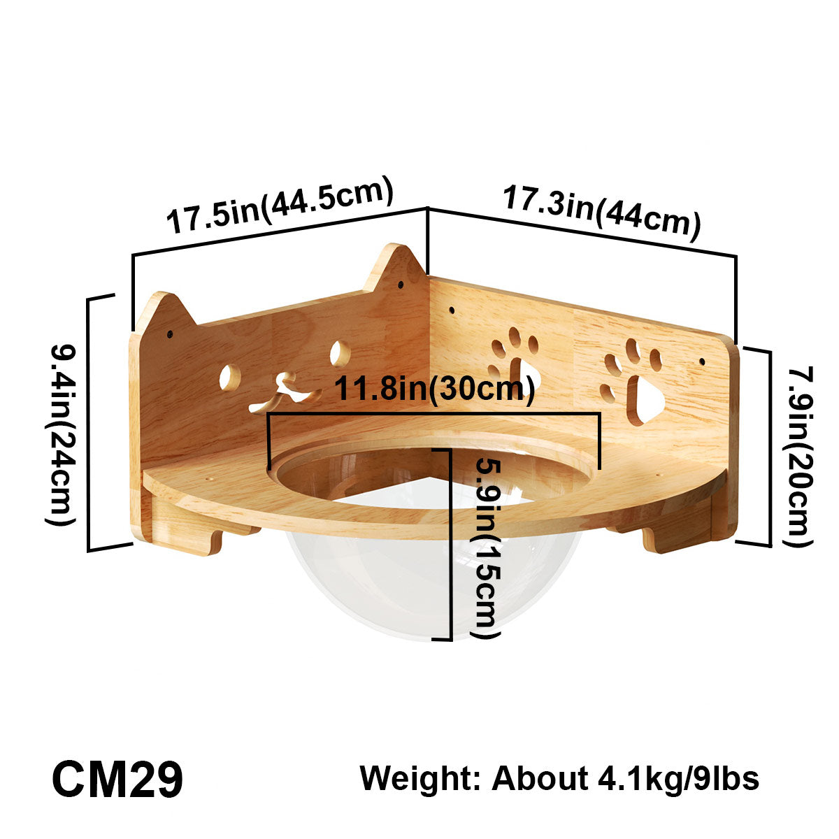 Corner Cat Wall Bubble Perch for Indoor Cats, Clear Lookout Bowl with Rubberwood Frame & Guard Rails, Space-Saving Wall Shelf Bed for Small Rooms