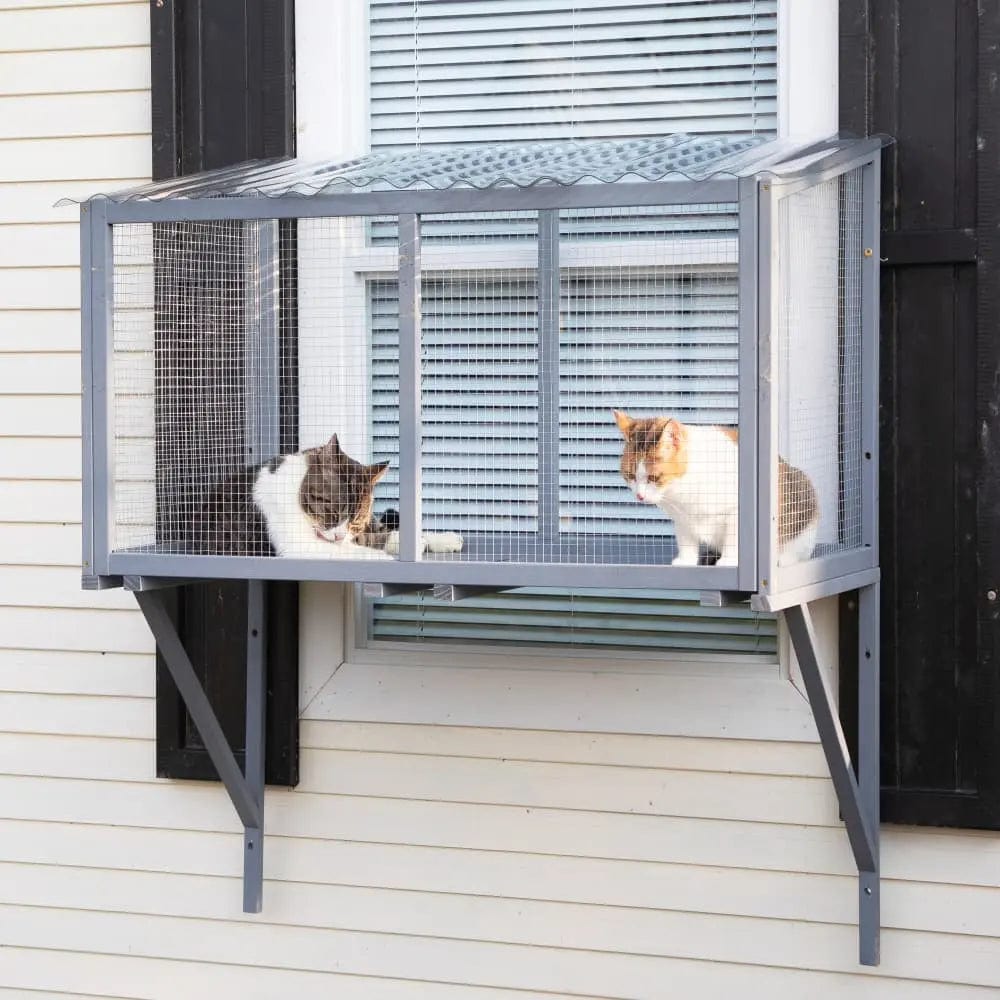 Spacious Wooden Window Cat Catio for Indoor Cats, Weatherproof Outdoor Enclosure Box with Mesh & Tile Roof, for Windows, Patios & Sunbathing