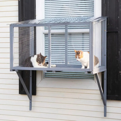 Spacious Wooden Window Cat Catio for Indoor Cats, Weatherproof Outdoor Enclosure Box with Mesh & Tile Roof, for Windows, Patios & Sunbathing