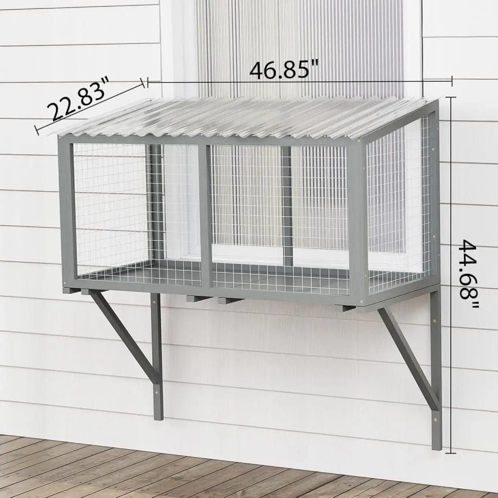 Spacious Wooden Window Cat Catio for Indoor Cats, Weatherproof Outdoor Enclosure Box with Mesh & Tile Roof, for Windows, Patios & Sunbathing