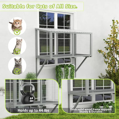 Spacious Wooden Window Cat Catio for Indoor Cats, Weatherproof Outdoor Enclosure Box with Mesh & Tile Roof, for Windows, Patios & Sunbathing