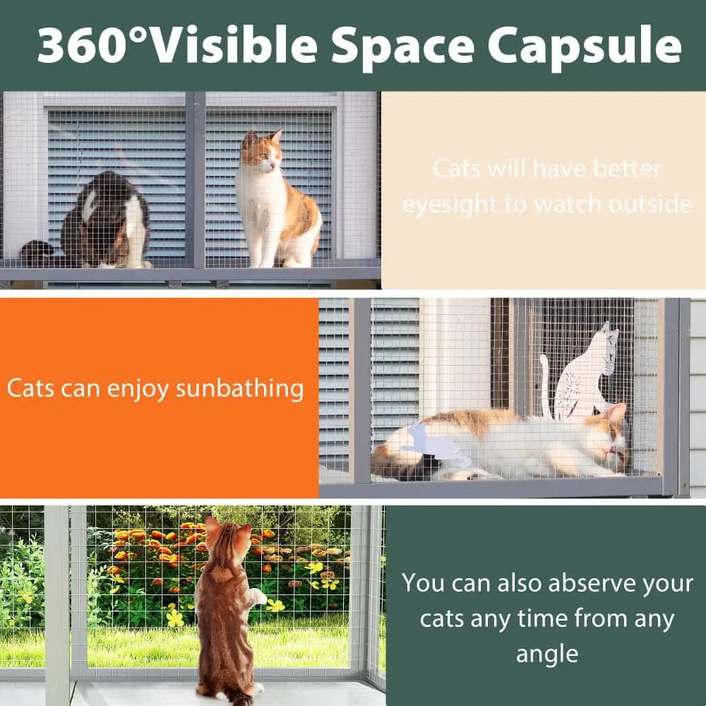 Spacious Wooden Window Cat Catio for Indoor Cats, Weatherproof Outdoor Enclosure Box with Mesh & Tile Roof, for Windows, Patios & Sunbathing