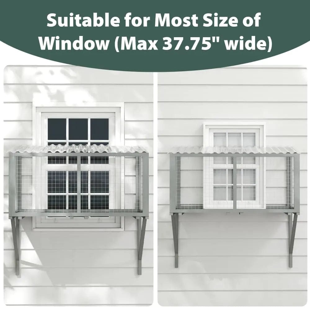 Spacious Wooden Window Cat Catio for Indoor Cats, Weatherproof Outdoor Enclosure Box with Mesh & Tile Roof, for Windows, Patios & Sunbathing