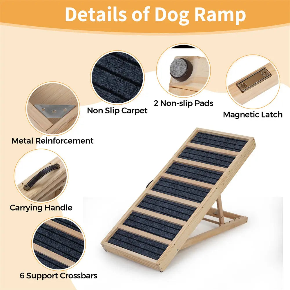 Folding Wooden Dog Ramp for Small & Large Dogs, 39 Inch Portable Pet Ramp for Cars, Couch, Bed & Stairs, Non-Slip Surface for Senior Dogs & Puppies