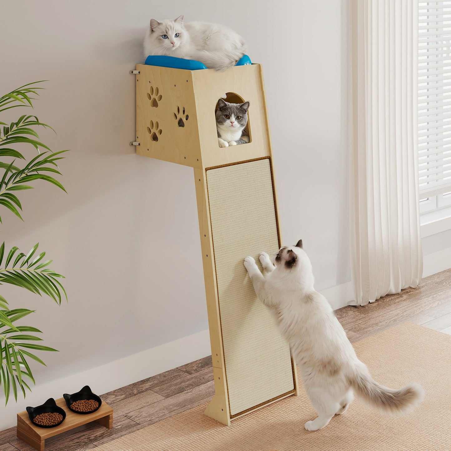 Wall Leaning Cat Tower for Indoor Cats, 55 Inch Space-Saving Cat Tree with Condo, Plush Top Perch & Sisal Scratching Ramp, for Climbing & Lounging