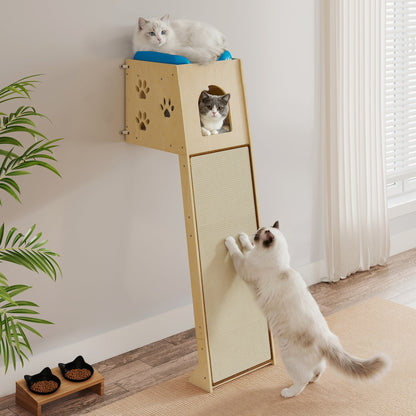 Wall Leaning Cat Tower for Indoor Cats, 55 Inch Space-Saving Cat Tree with Condo, Plush Top Perch & Sisal Scratching Ramp, for Climbing & Lounging
