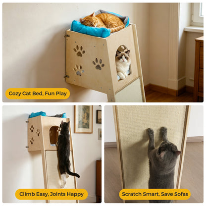 Wall Leaning Cat Tower for Indoor Cats, 55 Inch Space-Saving Cat Tree with Condo, Plush Top Perch & Sisal Scratching Ramp, for Climbing & Lounging