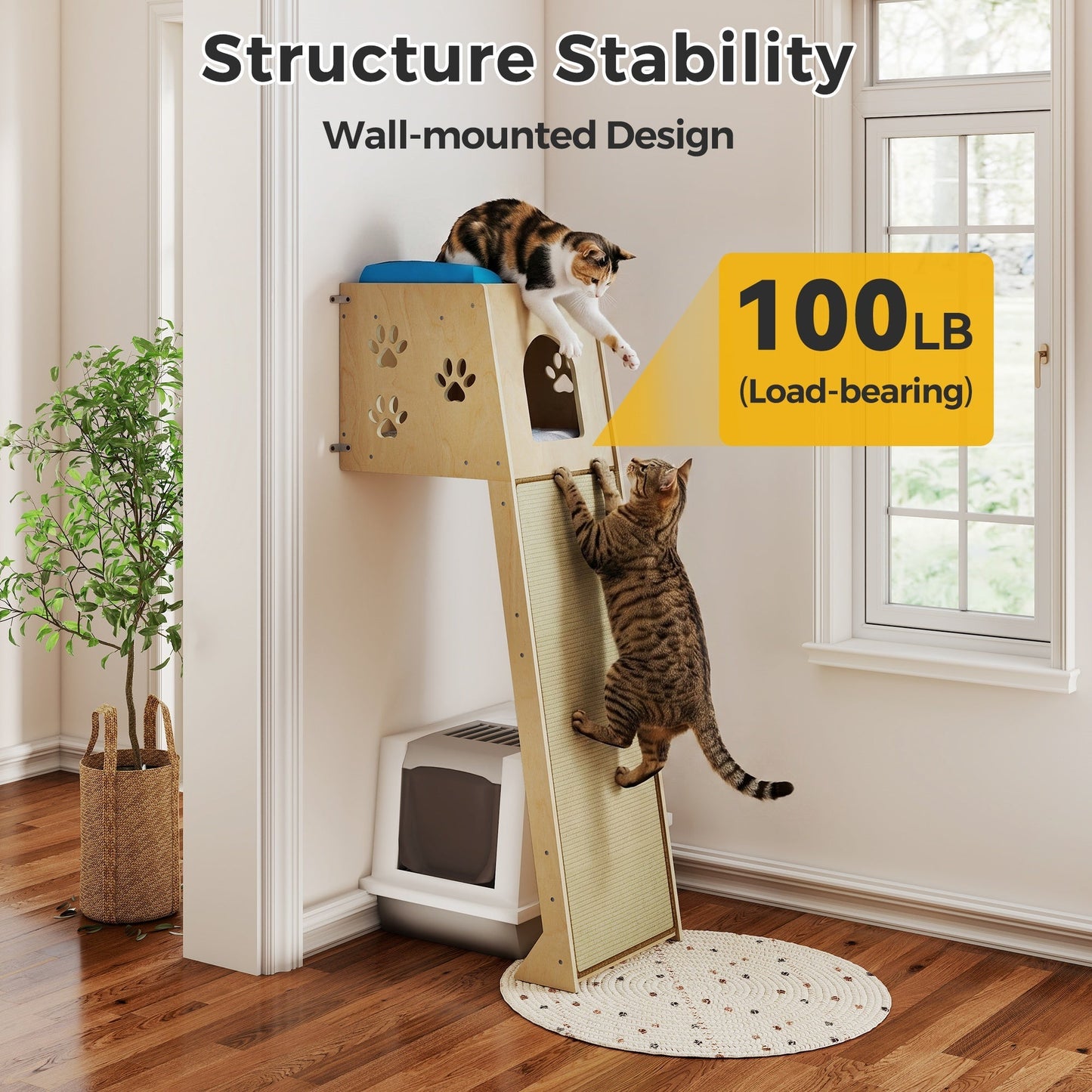 Wall Leaning Cat Tower for Indoor Cats, 55 Inch Space-Saving Cat Tree with Condo, Plush Top Perch & Sisal Scratching Ramp, for Climbing & Lounging