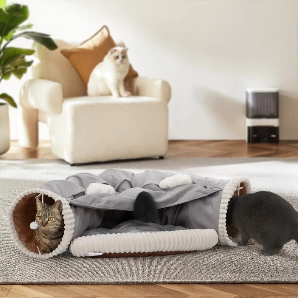 Collapsible Cat Tunnel Bed for Indoor Cats, Small Dogs & Rabbits, 2-in-1 Play Tunnel with Cozy Bed, Crinkle Sound Paper, Non-Slip, for Hide & Seek and Naps