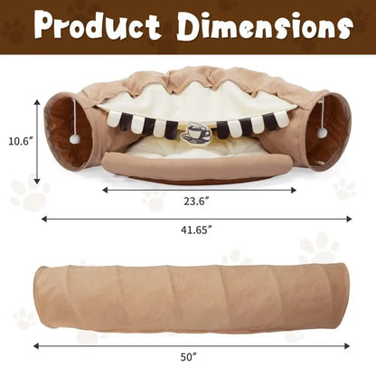 Collapsible Cat Tunnel Bed for Indoor Cats, Small Dogs & Rabbits, 2-in-1 Play Tunnel with Cozy Bed, Crinkle Sound Paper, Non-Slip, for Hide & Seek and Naps
