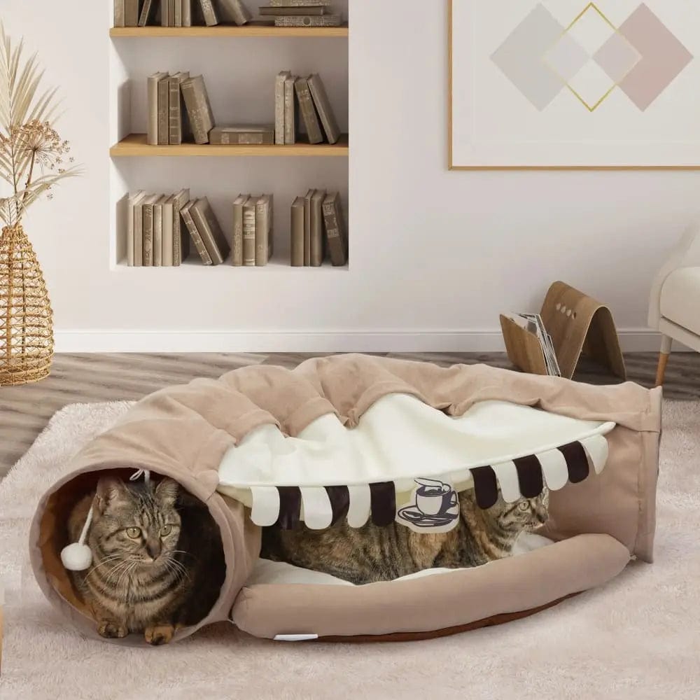 Collapsible Cat Tunnel Bed for Indoor Cats, Small Dogs & Rabbits, 2-in-1 Play Tunnel with Cozy Bed, Crinkle Sound Paper, Non-Slip, for Hide & Seek and Naps