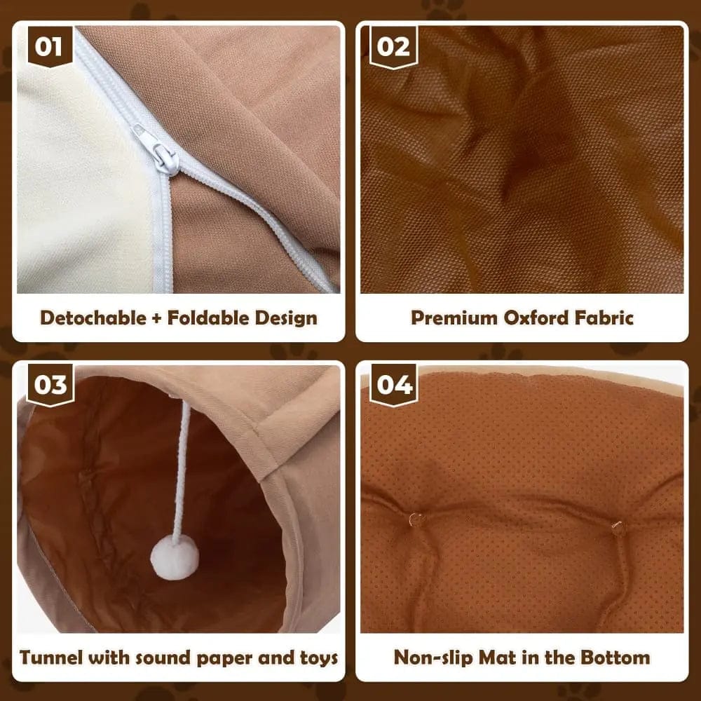 Collapsible Cat Tunnel Bed for Indoor Cats, Small Dogs & Rabbits, 2-in-1 Play Tunnel with Cozy Bed, Crinkle Sound Paper, Non-Slip, for Hide & Seek and Naps