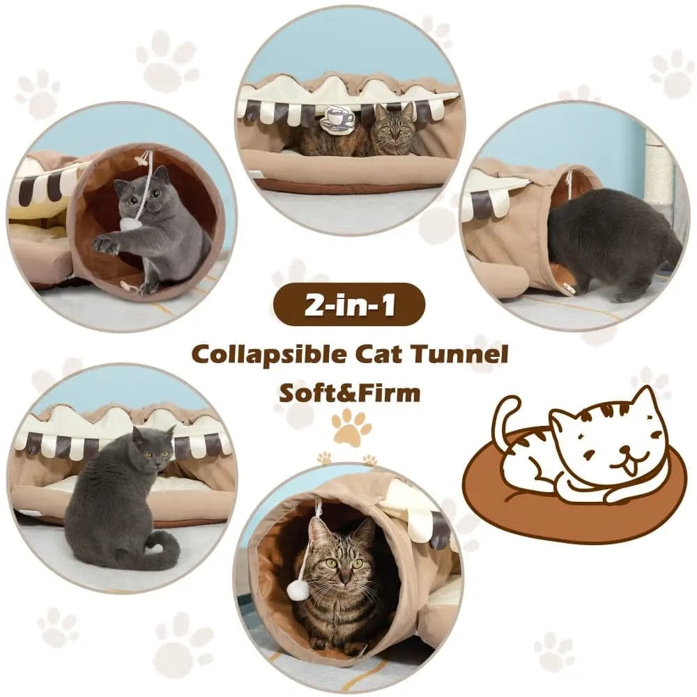 Collapsible Cat Tunnel Bed for Indoor Cats, Small Dogs & Rabbits, 2-in-1 Play Tunnel with Cozy Bed, Crinkle Sound Paper, Non-Slip, for Hide & Seek and Naps