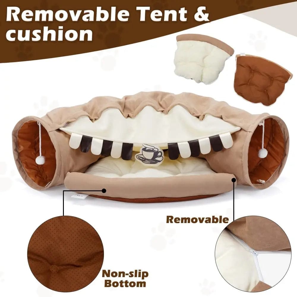 Collapsible Cat Tunnel Bed for Indoor Cats, Small Dogs & Rabbits, 2-in-1 Play Tunnel with Cozy Bed, Crinkle Sound Paper, Non-Slip, for Hide & Seek and Naps