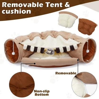 Collapsible Cat Tunnel Bed for Indoor Cats, Small Dogs & Rabbits, 2-in-1 Play Tunnel with Cozy Bed, Crinkle Sound Paper, Non-Slip, for Hide & Seek and Naps