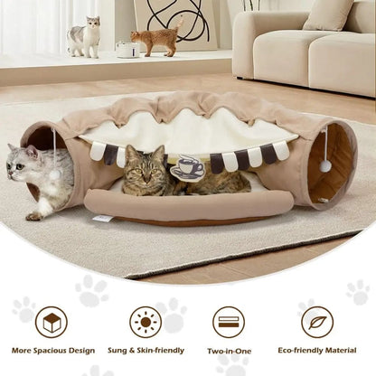 Collapsible Cat Tunnel Bed for Indoor Cats, Small Dogs & Rabbits, 2-in-1 Play Tunnel with Cozy Bed, Crinkle Sound Paper, Non-Slip, for Hide & Seek and Naps