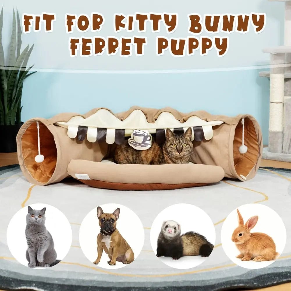 Collapsible Cat Tunnel Bed for Indoor Cats, Small Dogs & Rabbits, 2-in-1 Play Tunnel with Cozy Bed, Crinkle Sound Paper, Non-Slip, for Hide & Seek and Naps