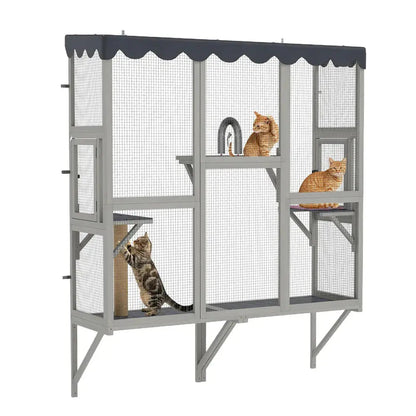 Weatherproof Wooden Outdoor Window Cat Catio with Rainproof Cover, Spacious Enclosure for Safe Fresh-Air Lounging, for Patios, Gardens & Balconies