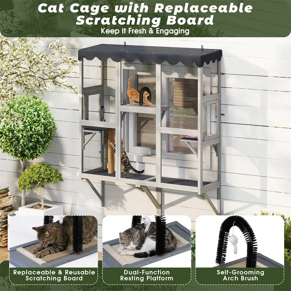Weatherproof Wooden Outdoor Window Cat Catio with Rainproof Cover, Spacious Enclosure for Safe Fresh-Air Lounging, for Patios, Gardens & Balconies