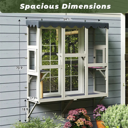 Weatherproof Wooden Outdoor Window Cat Catio with Rainproof Cover, Spacious Enclosure for Safe Fresh-Air Lounging, for Patios, Gardens & Balconies