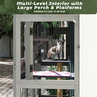 Weatherproof Wooden Outdoor Window Cat Catio with Rainproof Cover, Spacious Enclosure for Safe Fresh-Air Lounging, for Patios, Gardens & Balconies