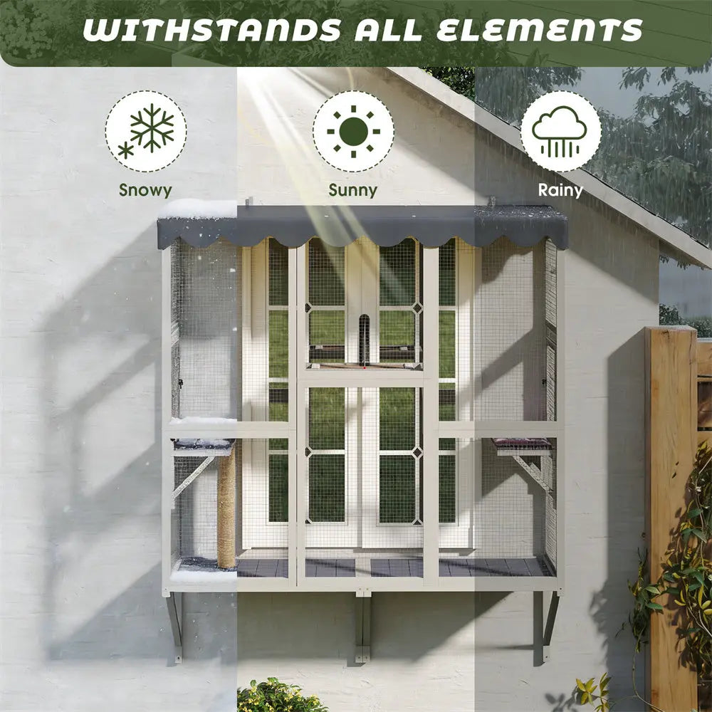 Weatherproof Wooden Outdoor Window Cat Catio with Rainproof Cover, Spacious Enclosure for Safe Fresh-Air Lounging, for Patios, Gardens & Balconies