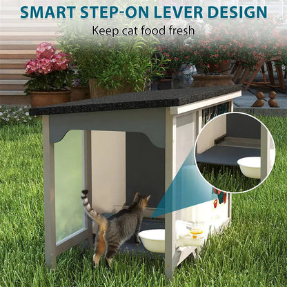 Weatherproof Outdoor Cat Feeder for Stray & Feral Cats, 3 Gallon Pet Food Station with Pedal-Operated Tray, for Porches, Patios, Yards & All Weather