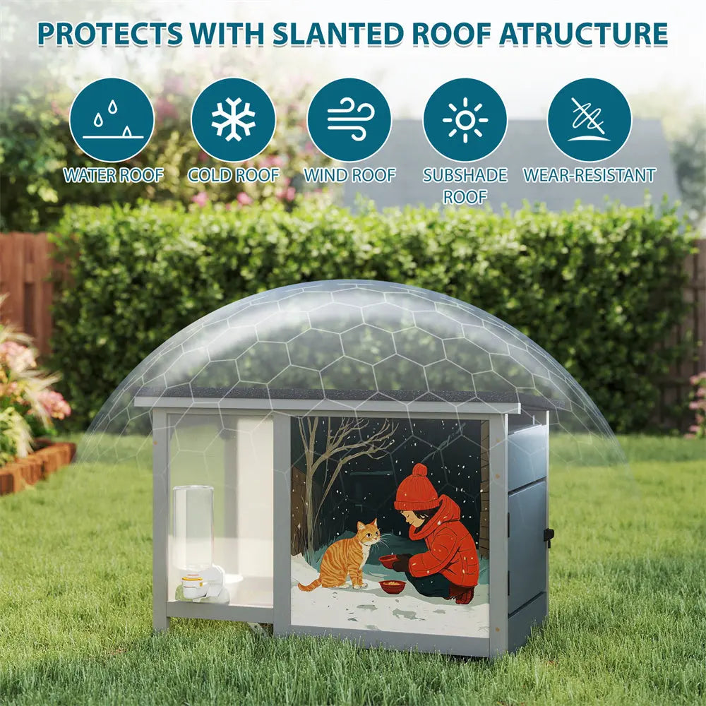 Weatherproof Outdoor Cat Feeder for Stray & Feral Cats, 3 Gallon Pet Food Station with Pedal-Operated Tray, for Porches, Patios, Yards & All Weather