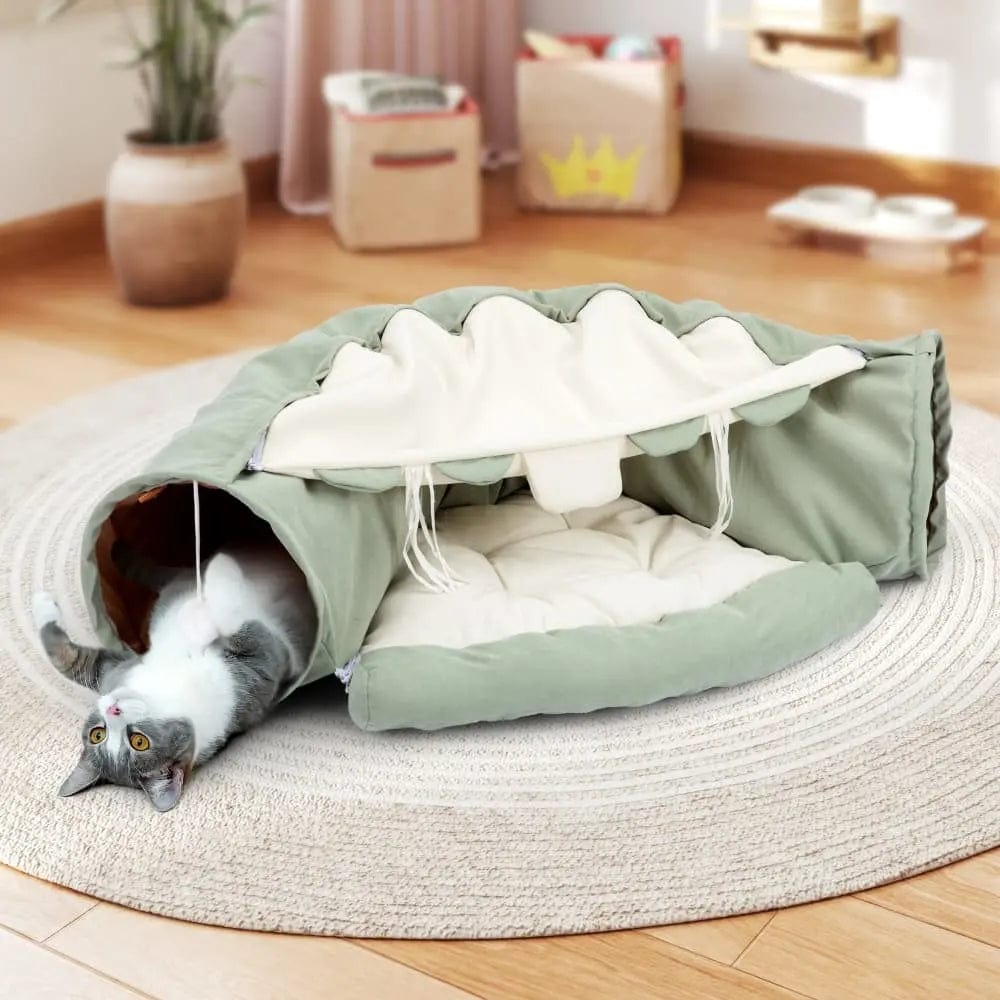 Collapsible Cat Tunnel Bed for Indoor Cats, Small Dogs & Rabbits, 2-in-1 Play Tunnel with Cozy Bed, Crinkle Sound Paper, Non-Slip, for Hide & Seek and Naps