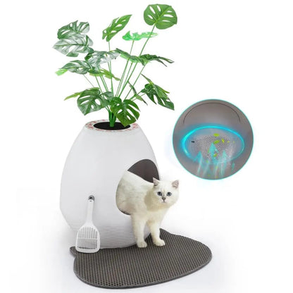 2-in-1 Enclosed Cat Litter Box & Cozy Cat Bed, Egg-Shaped Hidden Litter Enclosure with Odor Control & Faux Plant Top, Modern Cat Furniture for Home