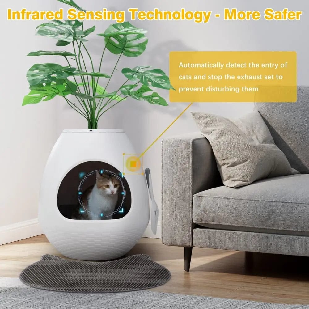 2-in-1 Enclosed Cat Litter Box & Cozy Cat Bed, Egg-Shaped Hidden Litter Enclosure with Odor Control & Faux Plant Top, Modern Cat Furniture for Home