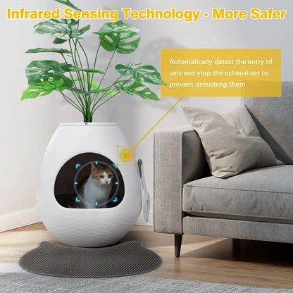 2-in-1 Enclosed Cat Litter Box & Cozy Cat Bed, Egg-Shaped Hidden Litter Enclosure with Odor Control & Faux Plant Top, Modern Cat Furniture for Home