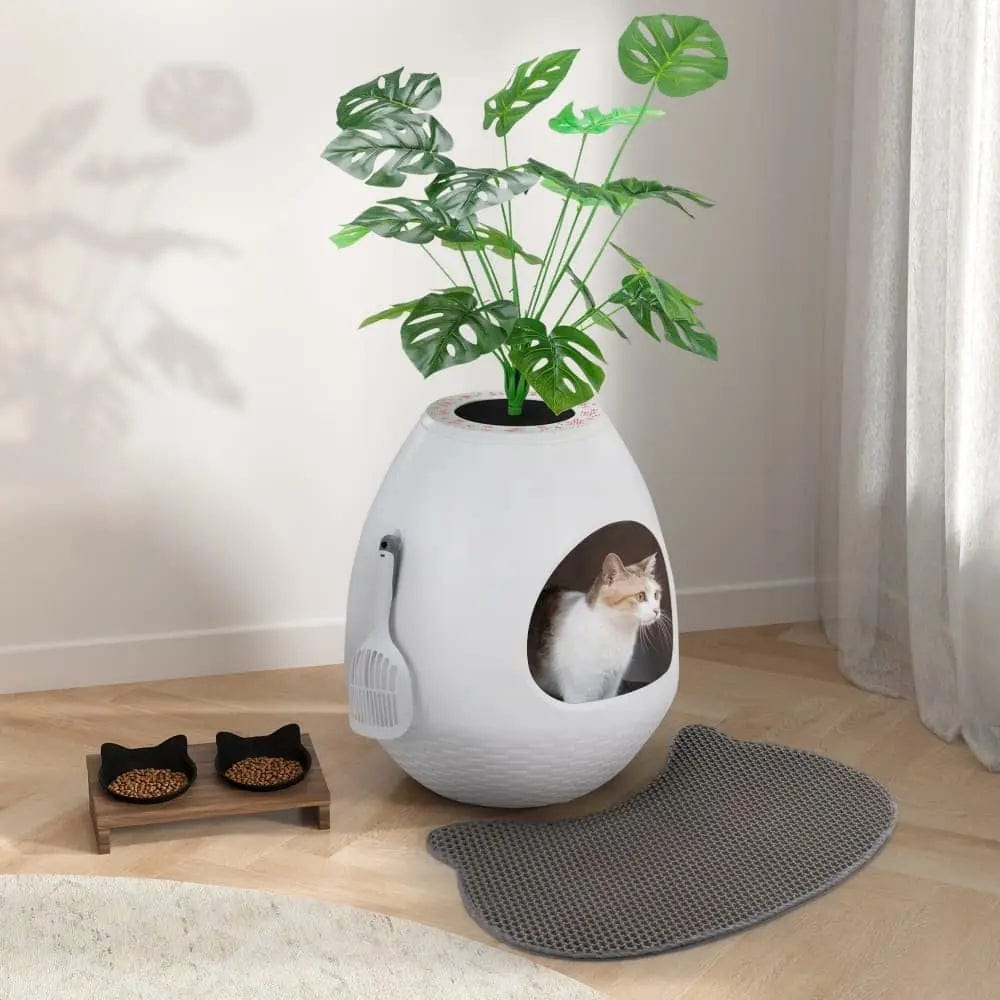 2-in-1 Enclosed Cat Litter Box & Cozy Cat Bed, Egg-Shaped Hidden Litter Enclosure with Odor Control & Faux Plant Top, Modern Cat Furniture for Home