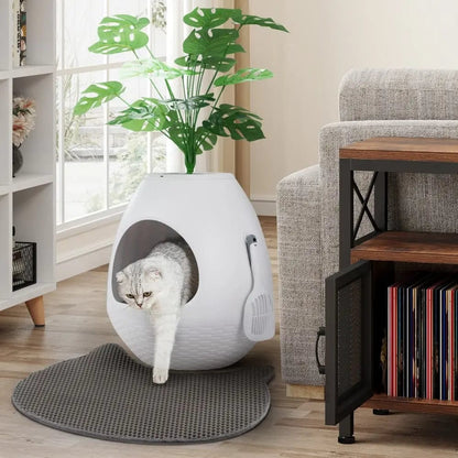 2-in-1 Enclosed Cat Litter Box & Cozy Cat Bed, Egg-Shaped Hidden Litter Enclosure with Odor Control & Faux Plant Top, Modern Cat Furniture for Home