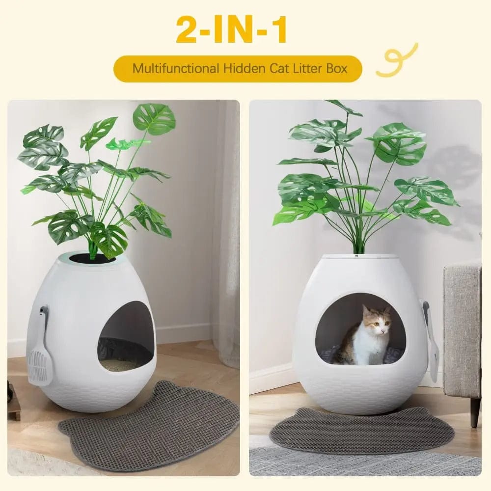2-in-1 Enclosed Cat Litter Box & Cozy Cat Bed, Egg-Shaped Hidden Litter Enclosure with Odor Control & Faux Plant Top, Modern Cat Furniture for Home