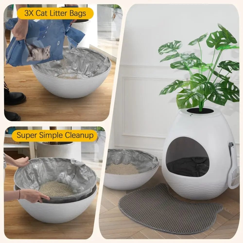 2-in-1 Enclosed Cat Litter Box & Cozy Cat Bed, Egg-Shaped Hidden Litter Enclosure with Odor Control & Faux Plant Top, Modern Cat Furniture for Home