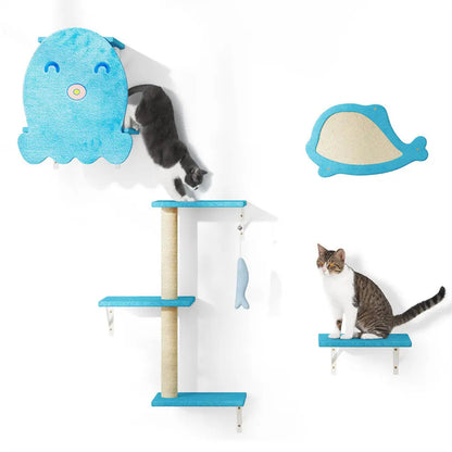 Playful Ocean-Themed Cat Wall Furniture Set for Indoor Cats, 4-Piece Wall Mounted Climbing Shelves & Perches, for Apartments & Family Rooms