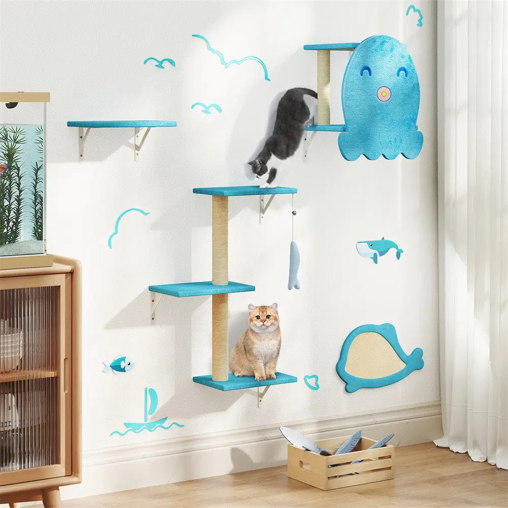 Playful Ocean-Themed Cat Wall Furniture Set for Indoor Cats, 4-Piece Wall Mounted Climbing Shelves & Perches, for Apartments & Family Rooms