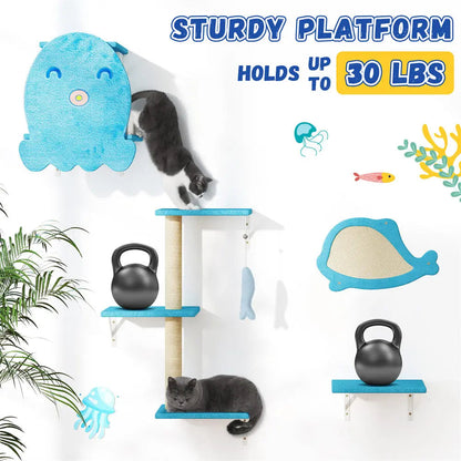 Playful Ocean-Themed Cat Wall Furniture Set for Indoor Cats, 4-Piece Wall Mounted Climbing Shelves & Perches, for Apartments & Family Rooms