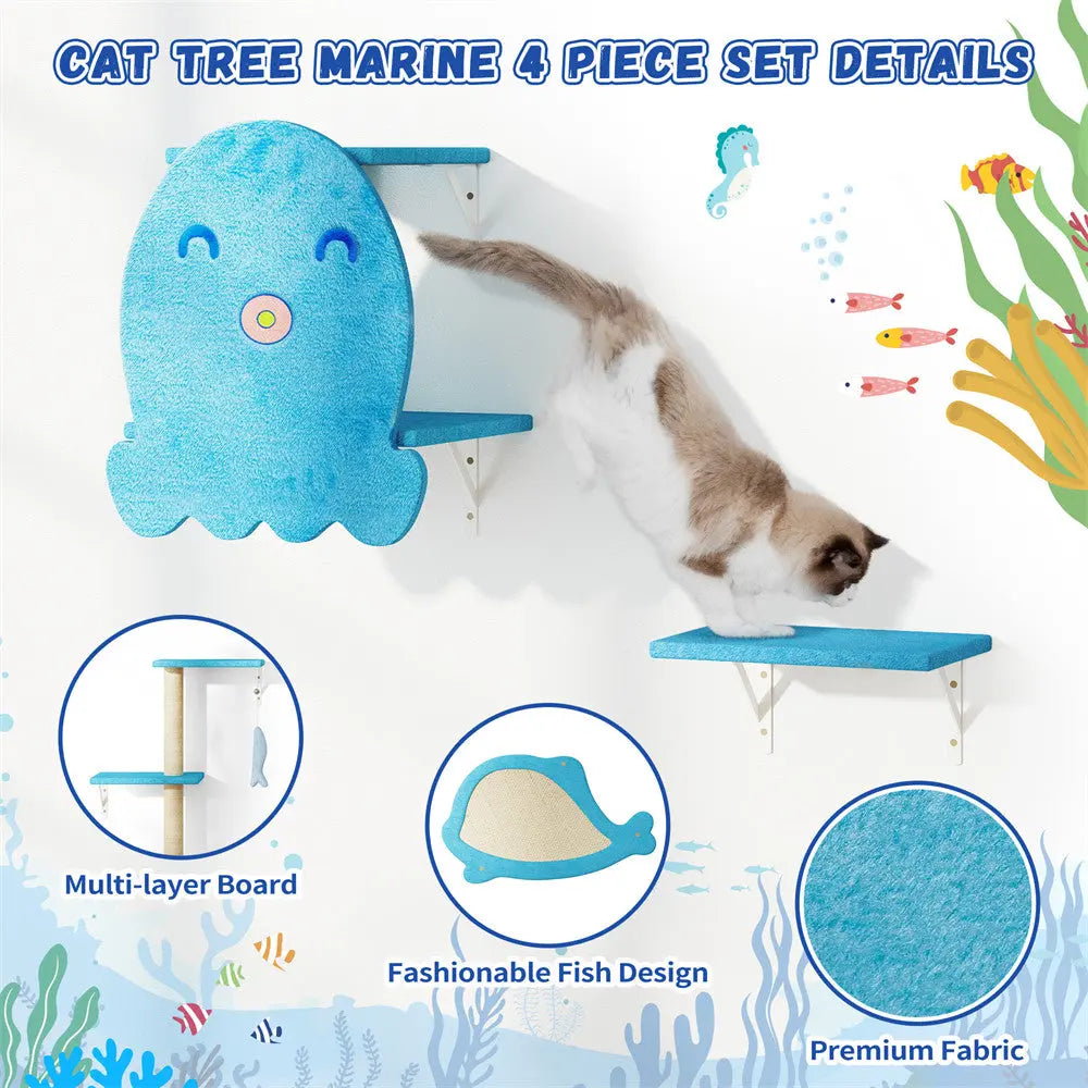 Playful Ocean-Themed Cat Wall Furniture Set for Indoor Cats, 4-Piece Wall Mounted Climbing Shelves & Perches, for Apartments & Family Rooms