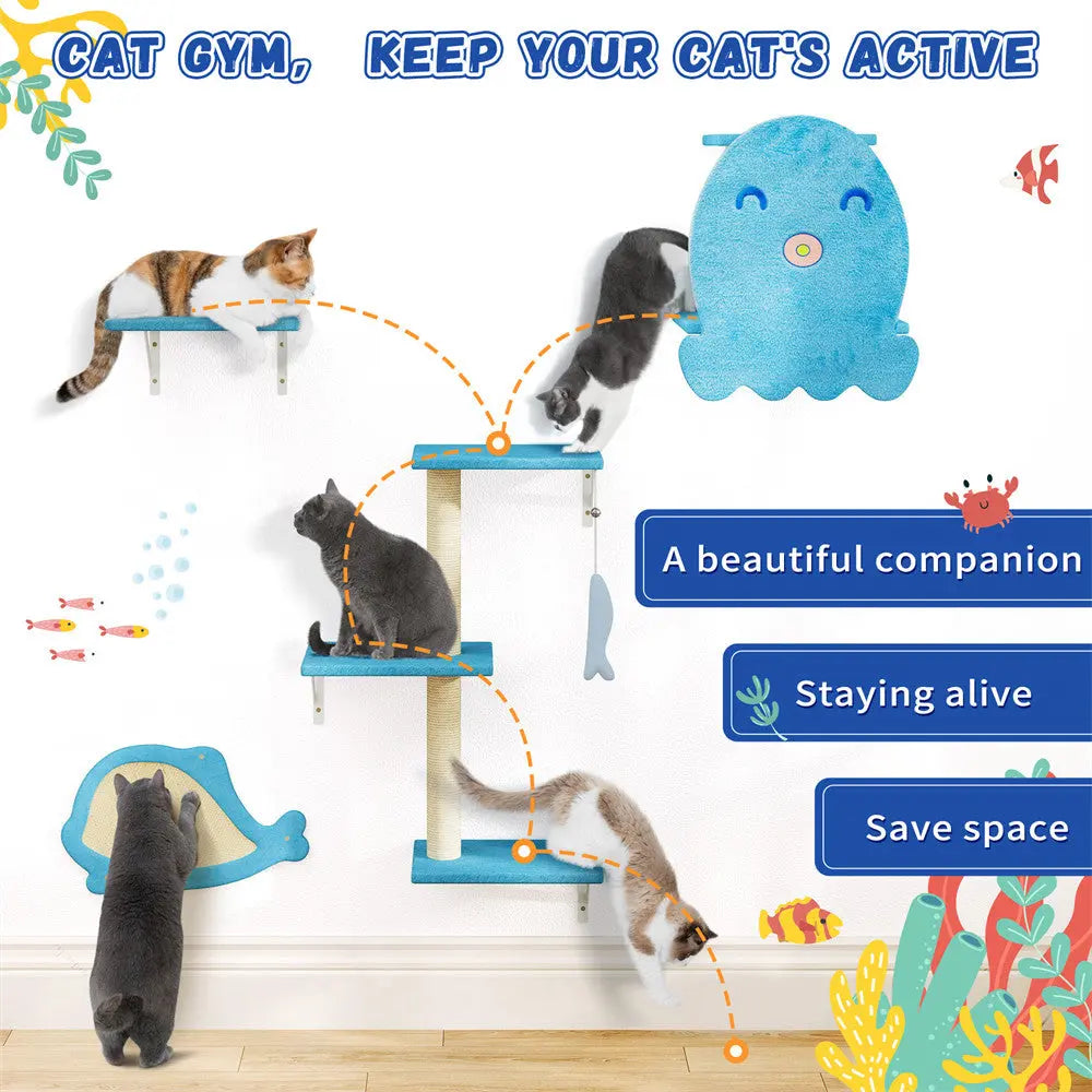 Playful Ocean-Themed Cat Wall Furniture Set for Indoor Cats, 4-Piece Wall Mounted Climbing Shelves & Perches, for Apartments & Family Rooms