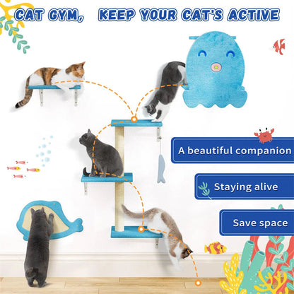 Playful Ocean-Themed Cat Wall Furniture Set for Indoor Cats, 4-Piece Wall Mounted Climbing Shelves & Perches, for Apartments & Family Rooms