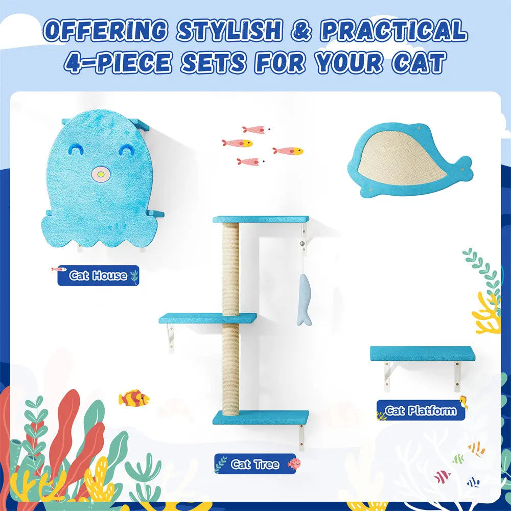 Playful Ocean-Themed Cat Wall Furniture Set for Indoor Cats, 4-Piece Wall Mounted Climbing Shelves & Perches, for Apartments & Family Rooms