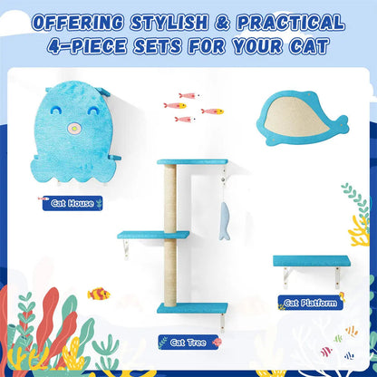 Playful Ocean-Themed Cat Wall Furniture Set for Indoor Cats, 4-Piece Wall Mounted Climbing Shelves & Perches, for Apartments & Family Rooms