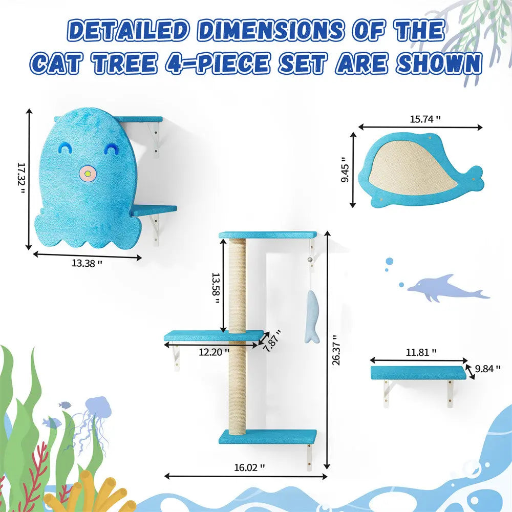 Playful Ocean-Themed Cat Wall Furniture Set for Indoor Cats, 4-Piece Wall Mounted Climbing Shelves & Perches, for Apartments & Family Rooms
