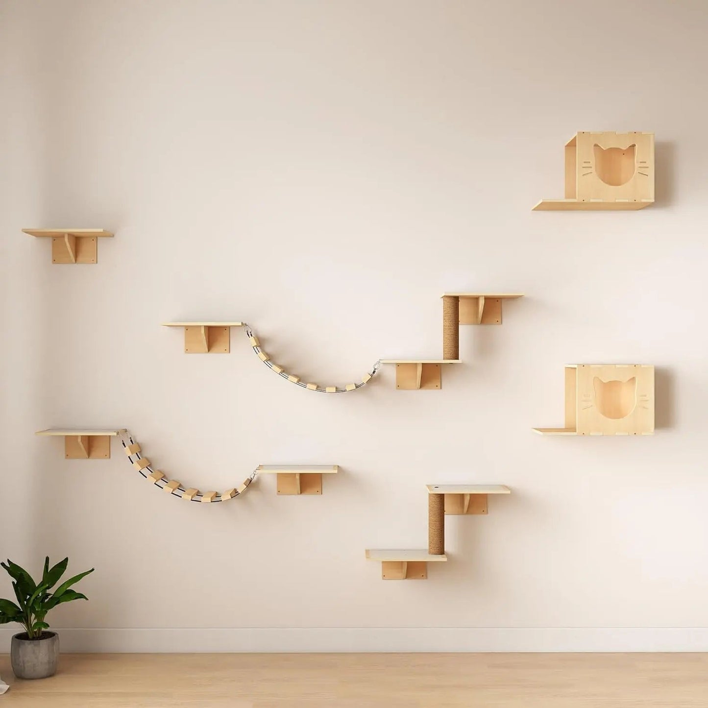 Natural Wooden Wall-Mounted Cat Climbing Set for Active Indoor Cats, Sturdy Vertical Shelves & Platforms, Easy-Install, for Apartments & Cat Rooms
