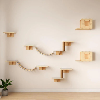 Natural Wooden Wall-Mounted Cat Climbing Set for Active Indoor Cats, Sturdy Vertical Shelves & Platforms, Easy-Install, for Apartments & Cat Rooms